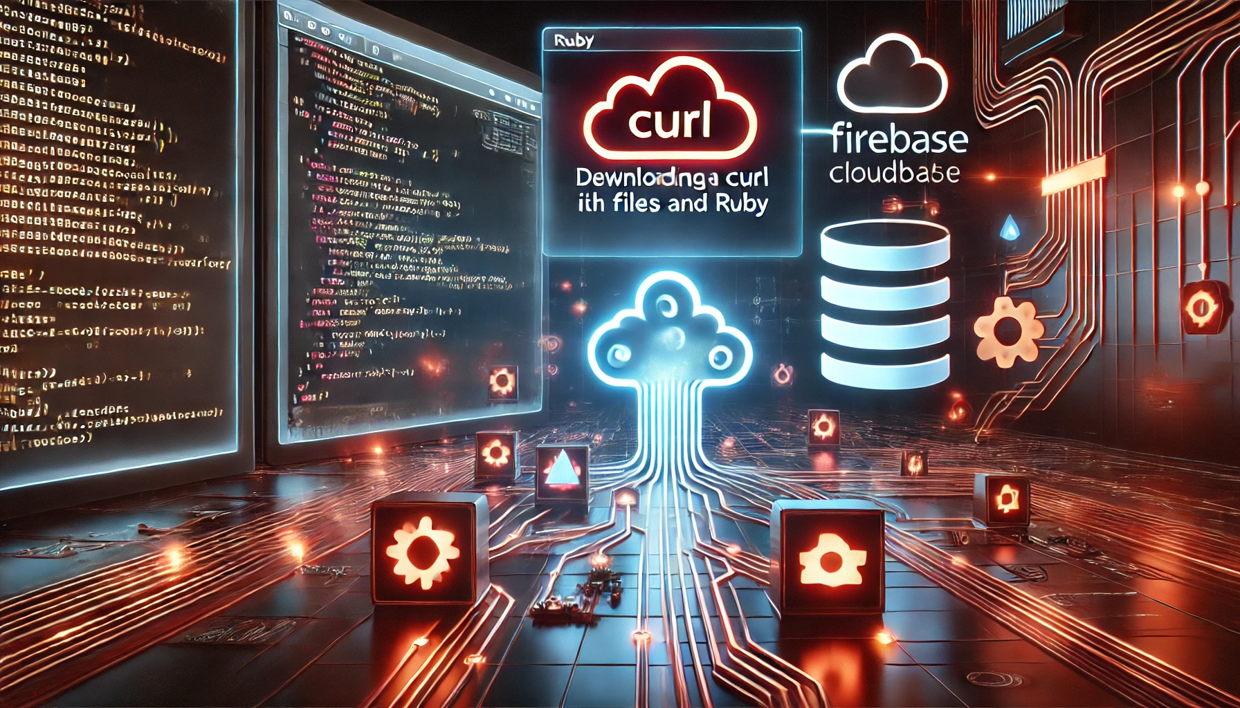 downloading a file with cURL in Ruby and Firebase. A high tech display showcases Ruby code using cURL t