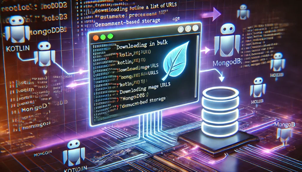 downloading images in bulk from a list of URLs using Kotlin and MongoDB in 2025. A high-tech display sh