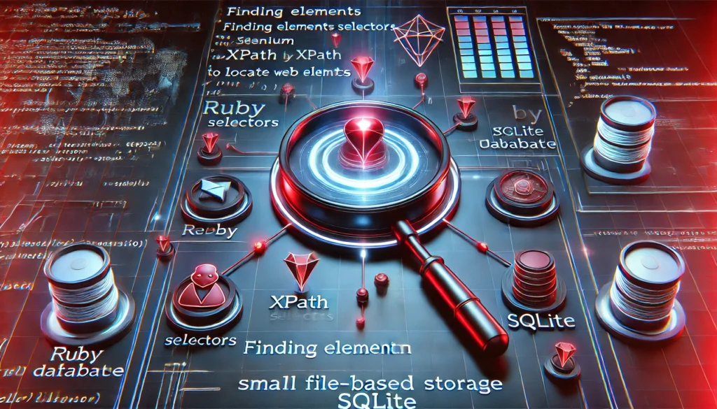 finding elements in Selenium by XPath with Ruby and SQLite. A futuristic display showcases Ruby code usi