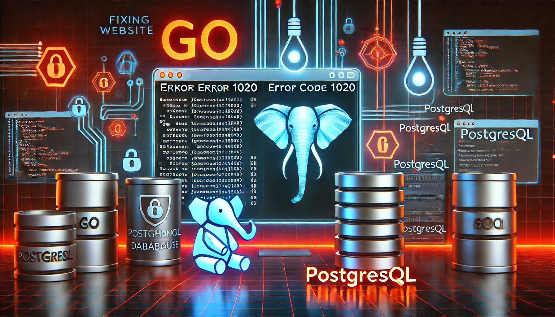 fixing error code 1020 in Go and PostgreSQL. A futuristic display showcases Go code handling website acc