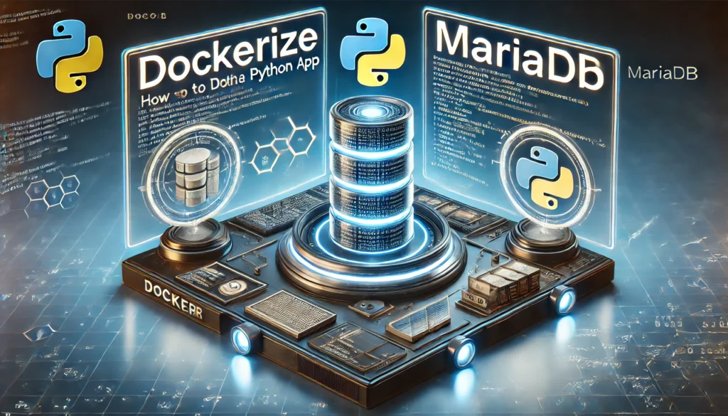 how to Dockerize a Python app using MariaDB. A high-tech display showcases Docker and Python code configu