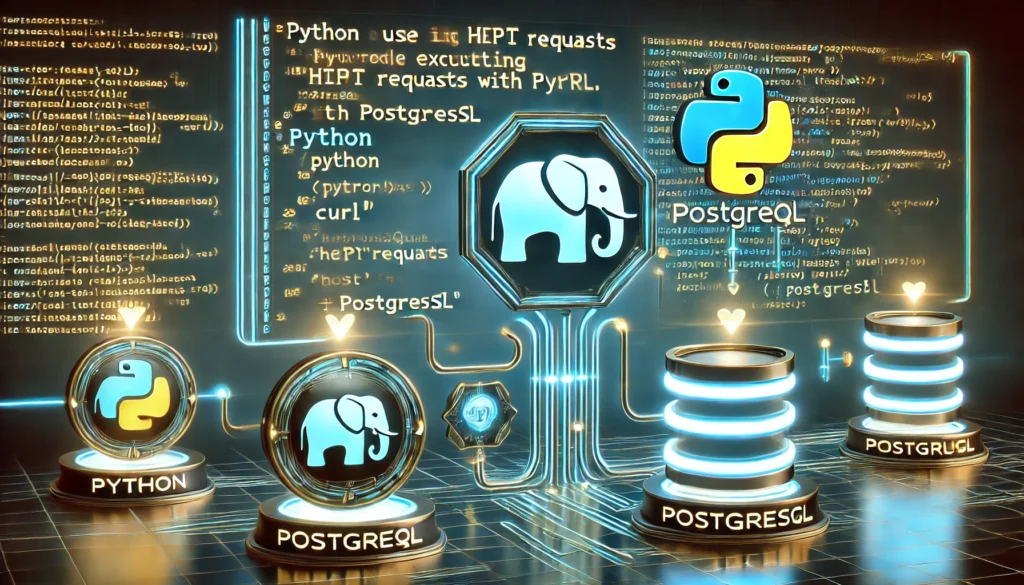 how to use cURL in Python with PostgreSQL. A high-tech display showcases Python code executing HTTP reque