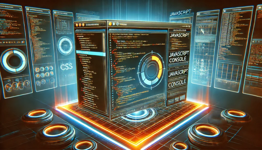 inspecting elements in web browsers using JavaScript. A futuristic display showcases a browser developer tools panel