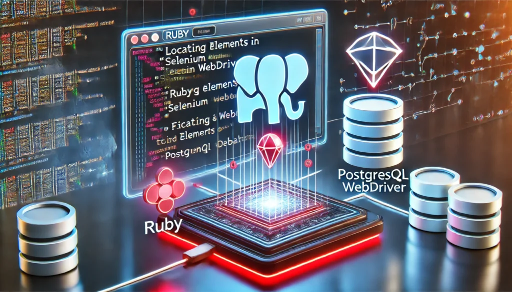 locating elements in Selenium using Ruby and PostgreSQL for automated testing. A high-tech display show