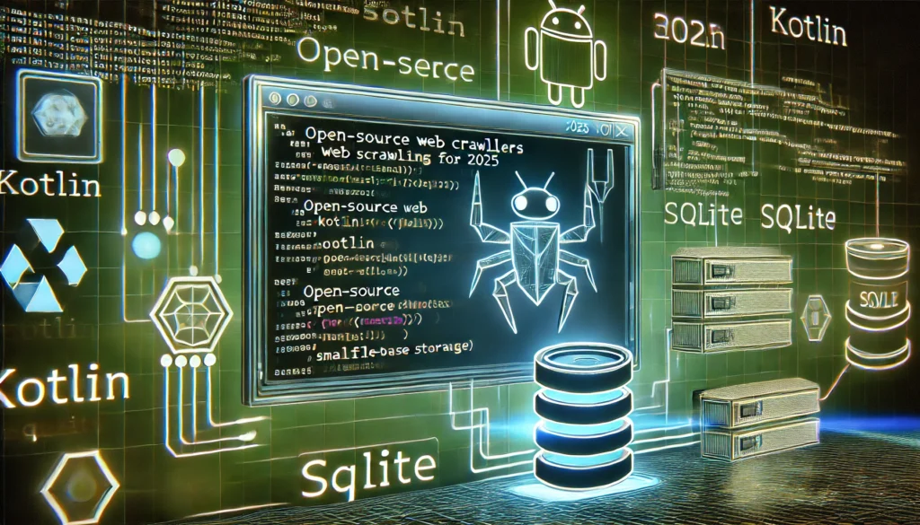 open-source web crawlers and scrapers for 2025 using Kotlin and SQLite. A futuristic display showcases K