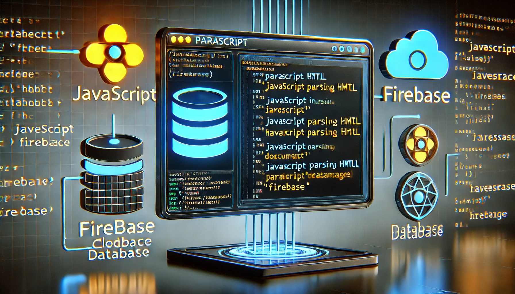 parsing HTML in JavaScript with Firebase. A high tech display showcases JavaScript code parsing HTML docu