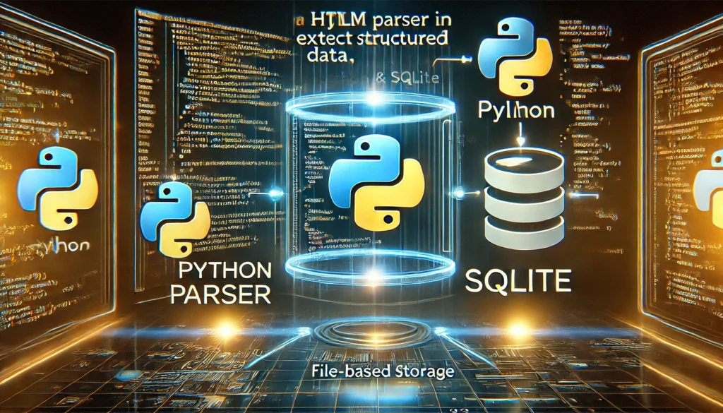 parsing HTML with Python and SQLite. A high-tech display showcases Python code using an HTML parser to ex
