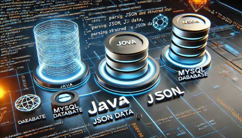 parsing JSON data using Java and MySQL. A futuristic display showcases Java code parsing structured JSON