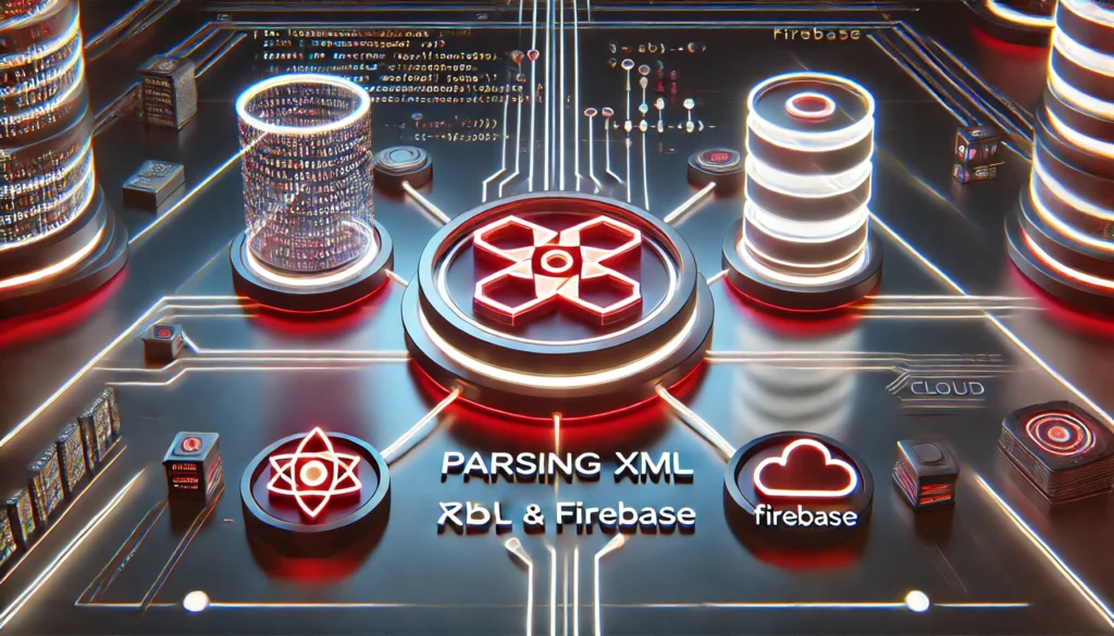 parsing XML using Ruby and Firebase. A high-tech display showcases Ruby code parsing XML data structure