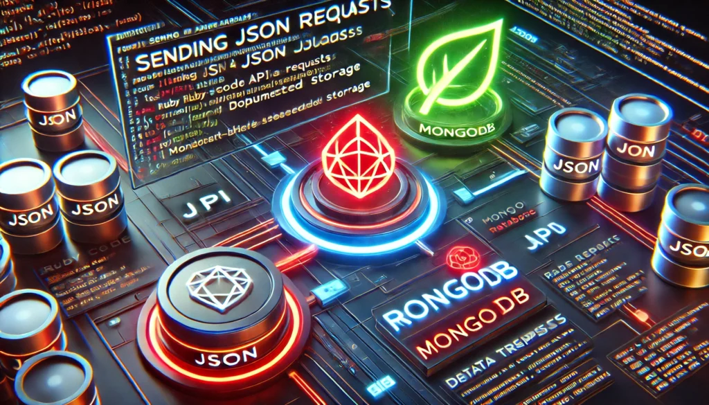 representing sending JSON data using Ruby requests and MongoDB. A futuristic display showcases Ruby code making API r