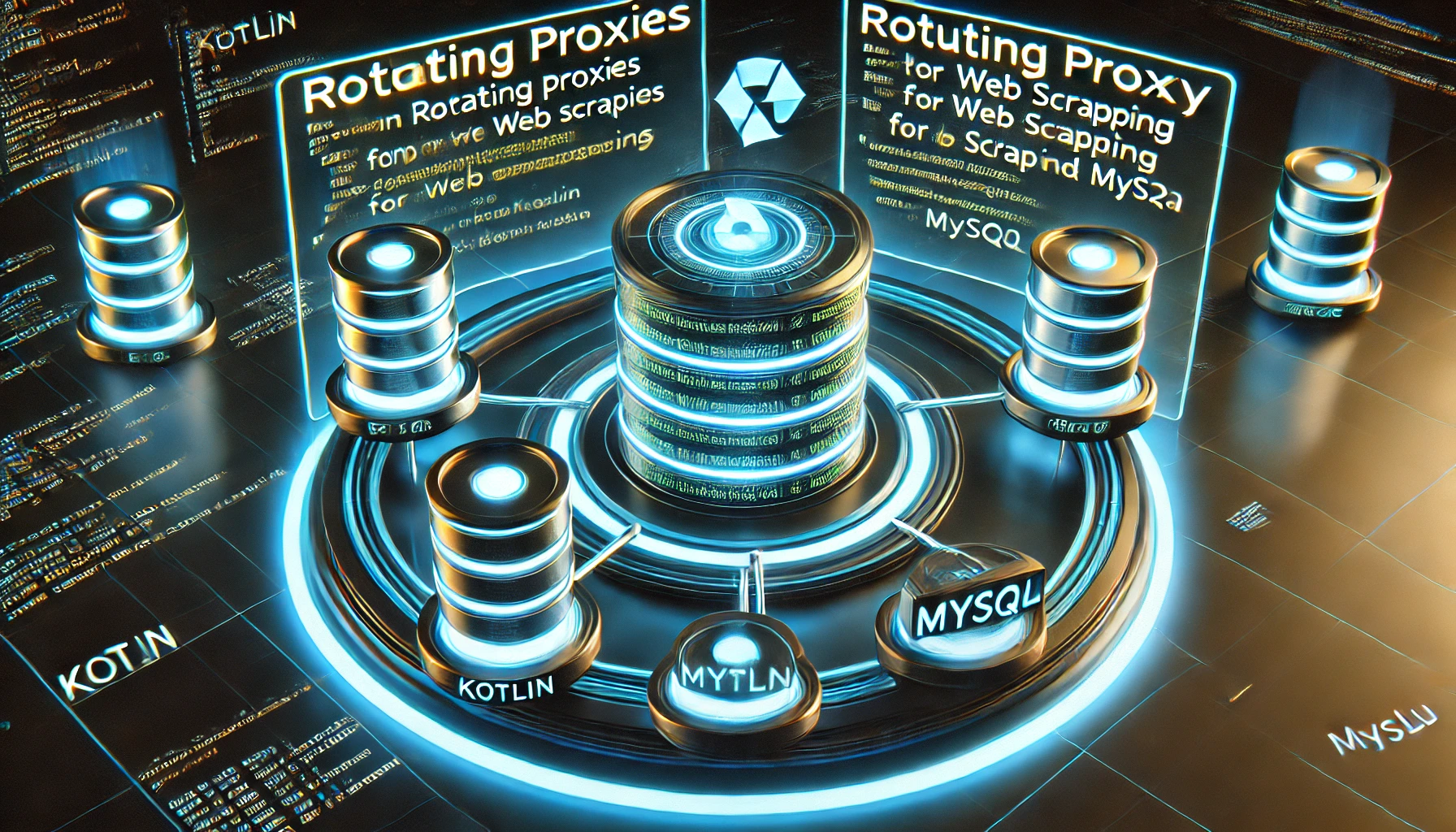 rotating proxies and why they are needed for web scraping using Kotlin and MySQL. A futuristic display sho