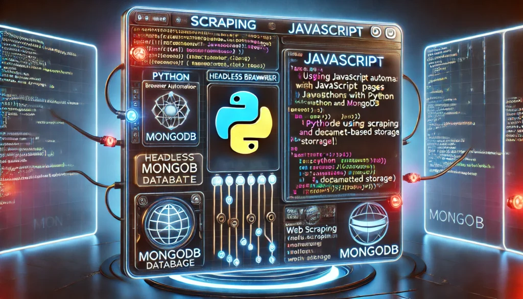 scraping JavaScript-rendered pages with Python and MongoDB. A high-tech display showcases Python code usi