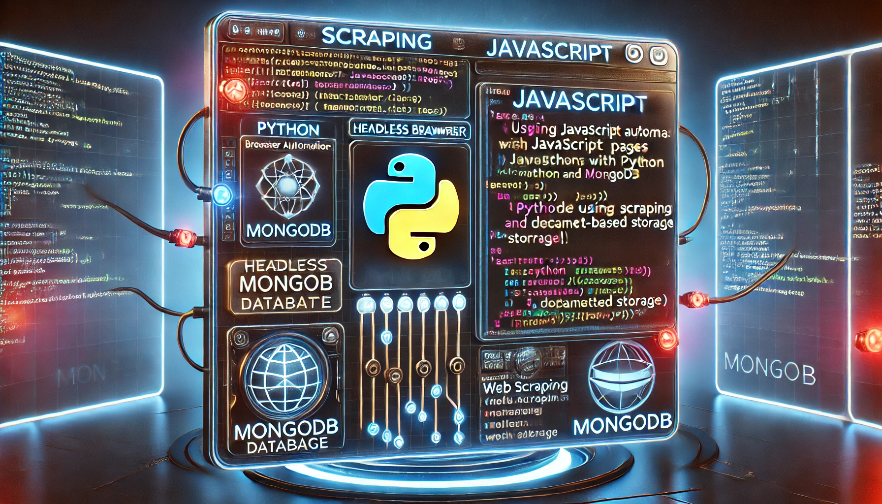 scraping JavaScript rendered pages with Python and MongoDB. A high tech display showcases Python code usi