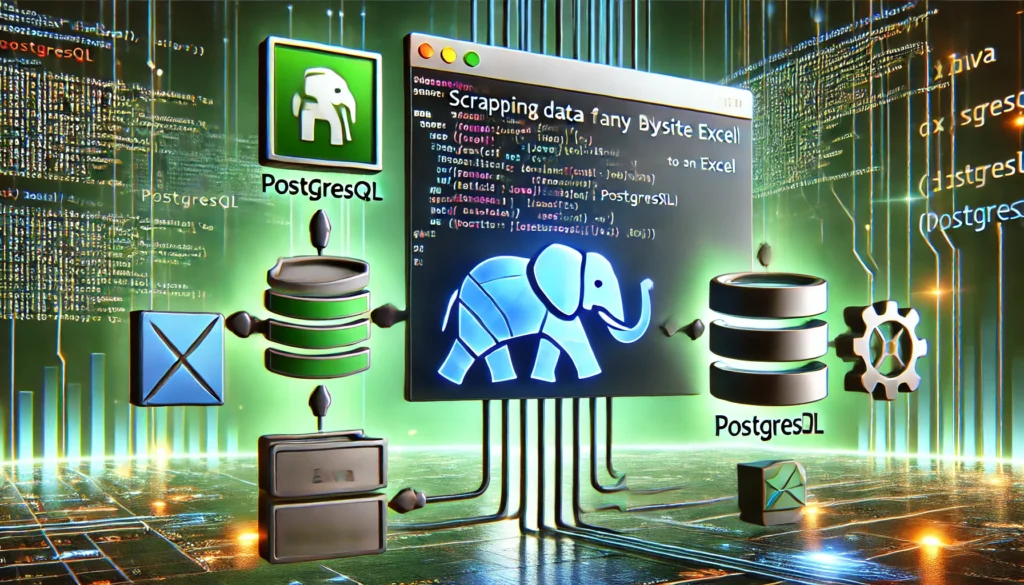 scraping data from any website to Excel using Java and PostgreSQL. A futuristic display showcases Java c