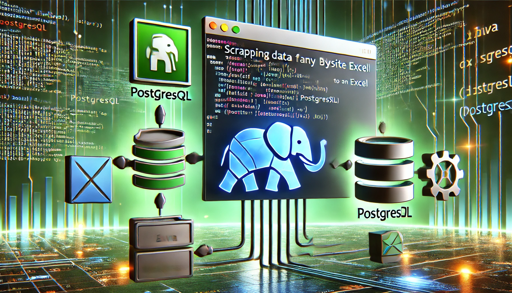 scraping data from any website to Excel using Java and PostgreSQL. A futuristic display showcases Java c