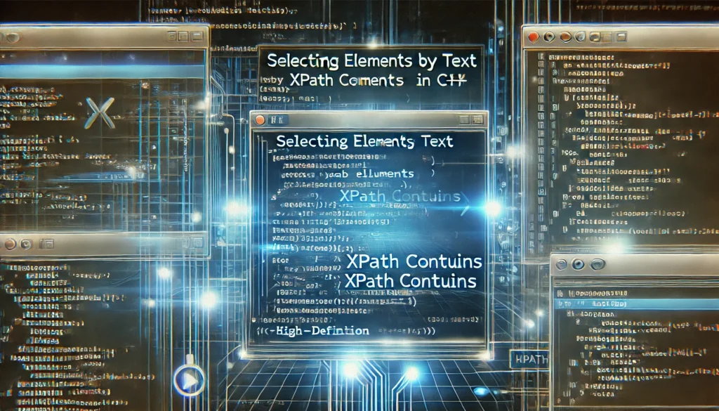 selecting elements by text using XPath contains in C++. A high-tech display showcases C++ code utilizin