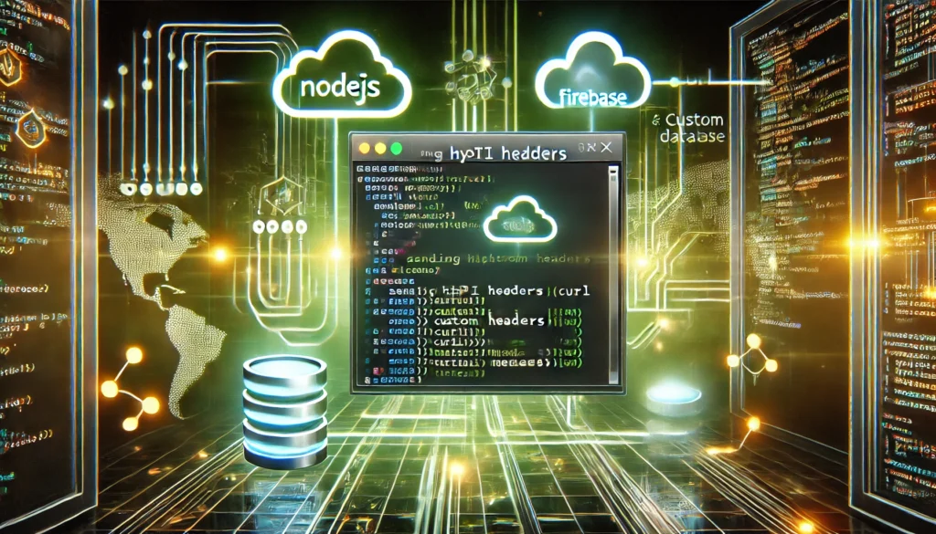 sending HTTP headers with cURL in NodeJS and Firebase. A futuristic display showcases NodeJS code making