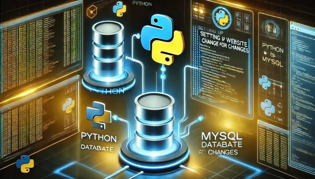 setting up website change alerts using Python and MySQL. A futuristic display showcases Python code moni