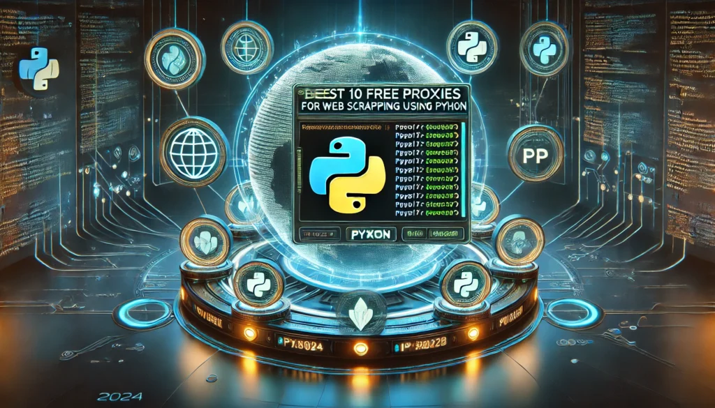 showcasing the best 10 free proxies for web scraping using Python in 2024. A futuristic display features Python code