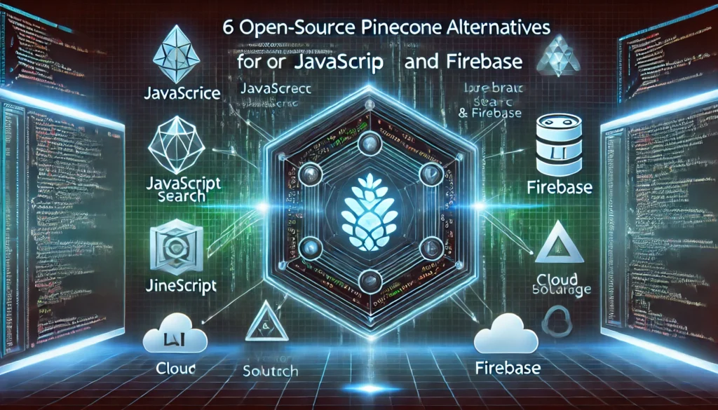 six open-source Pinecone alternatives for LLMs using JavaScript and Firebase. A high-tech display showc