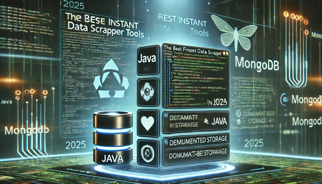 the best free instant data scraper tools in 2025 using Java and MongoDB. A high-tech display showcases