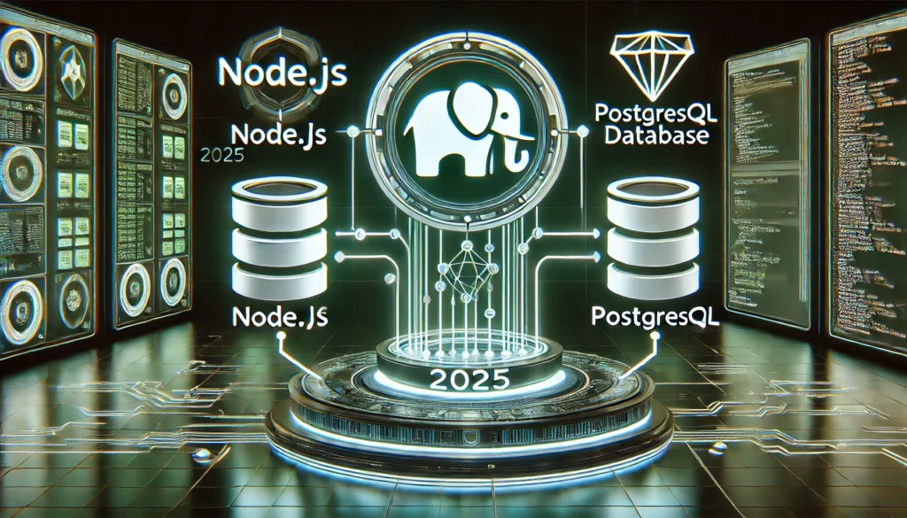 the correct way to install Node.js in 2025 using PostgreSQL. A futuristic display showcases a step-by-st