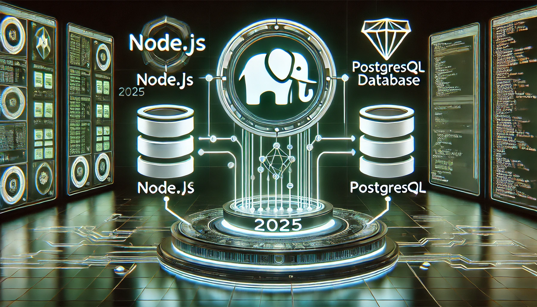 the correct way to install Node.js in 2025 using PostgreSQL. A futuristic display showcases a step by st