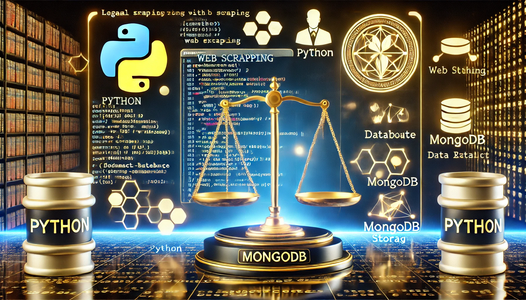 the legality of web scraping with Python and MongoDB. A high tech display showcases Python code perform