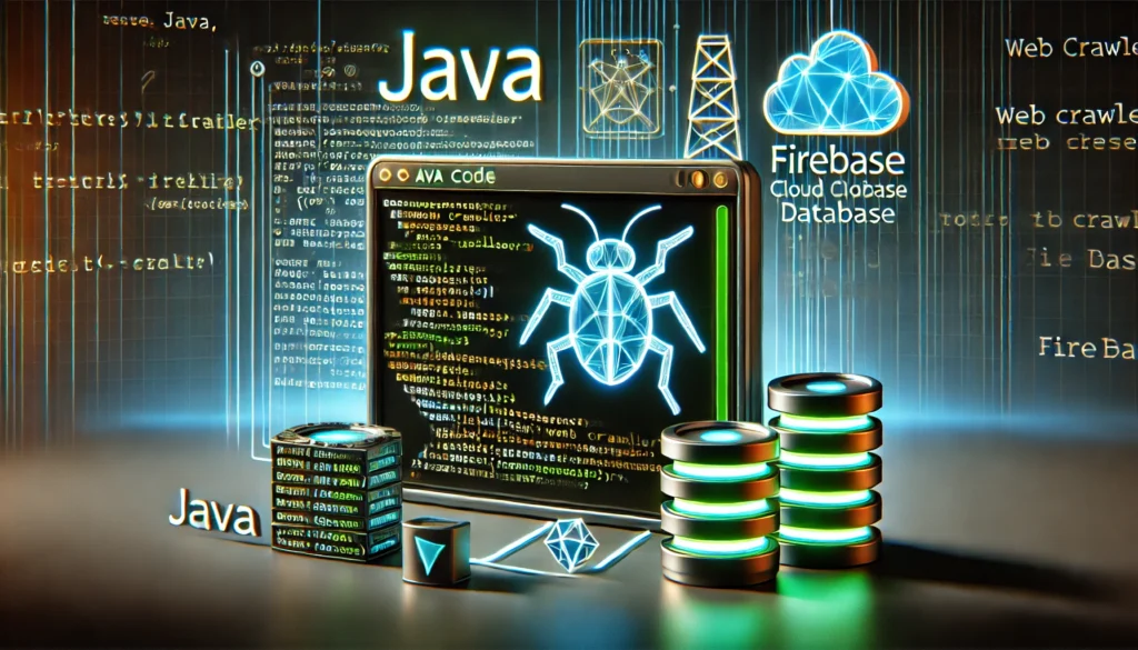 web crawlers and how they work in Java and Firebase. A futuristic display showcases Java code executing a