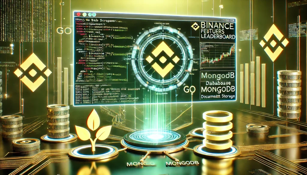 web scraper extracting Binance Futures leaderboard data using Go and MongoDB. A futuristic screen showcases Go c