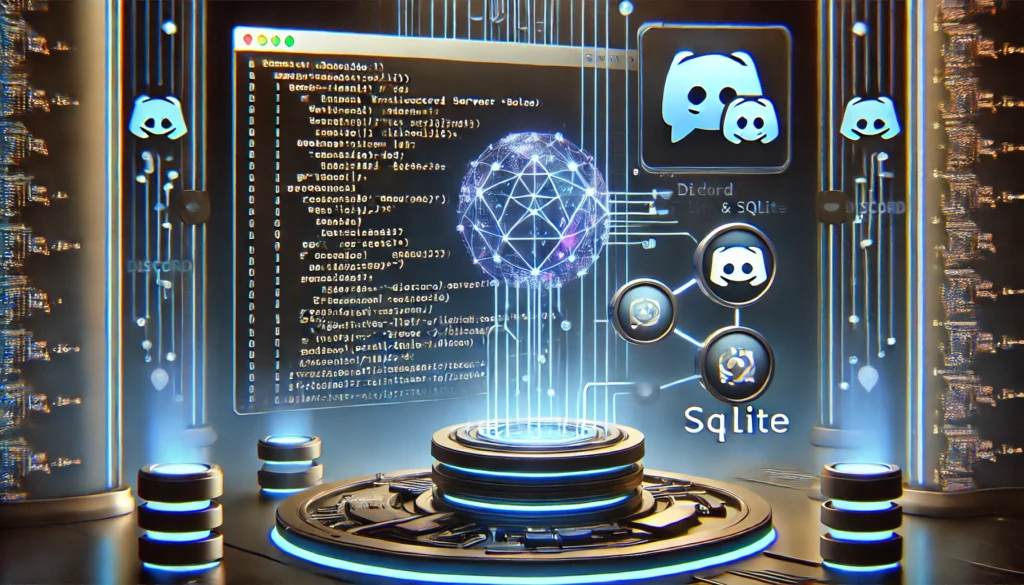 web scraper extracting Discord server data using NodeJS and SQLite. A high-tech display showcases NodeJS code r