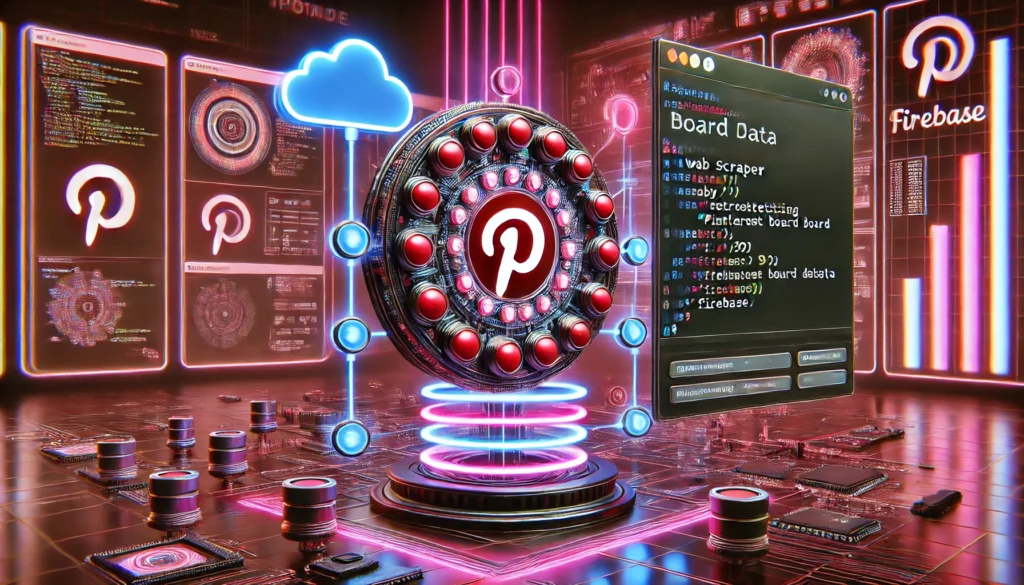 web scraper extracting Pinterest board data using Ruby and Firebase. A high-tech display showcases Ruby code re
