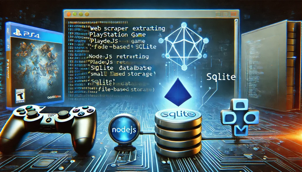 web scraper extracting PlayStation game data using NodeJS and SQLite. A futuristic screen displays NodeJS code r