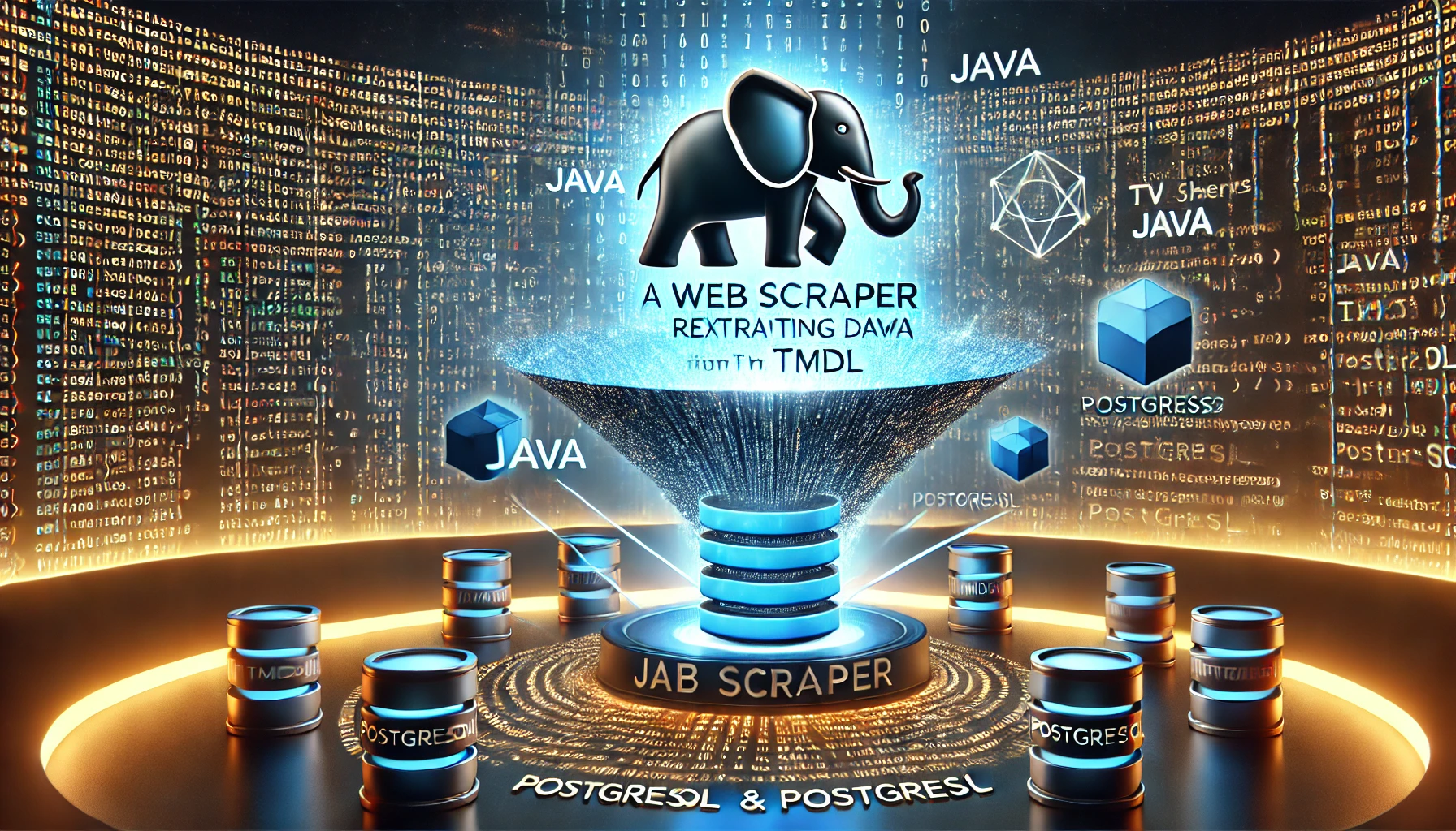 Hildoara Merida 4 web scraper extracting TV show data from TMDB using Java and PostgreSQL. A high tech display showcases Java cod