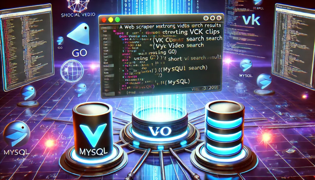 web scraper extracting VK Clips search results using Go and MySQL. A futuristic screen displays Go code retrievi