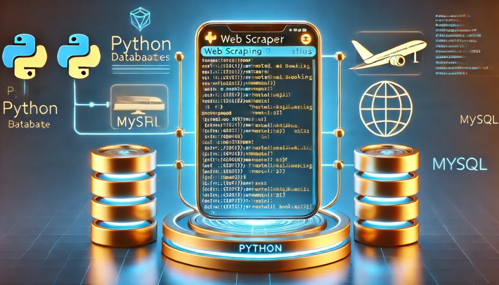 web scraper extracting booking details from a travel website using Python and MySQL. A futuristic display shows Python