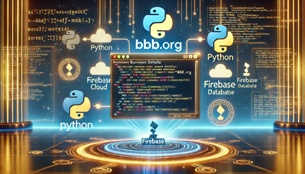 web scraper extracting business details from BBB.org using Python and Firebase. A futuristic screen displays Pyt