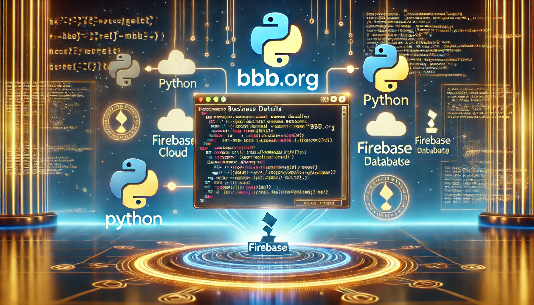 Hildoara Merida 10 web scraper extracting business details from BBB.org using Python and Firebase. A futuristic screen displays Pyt