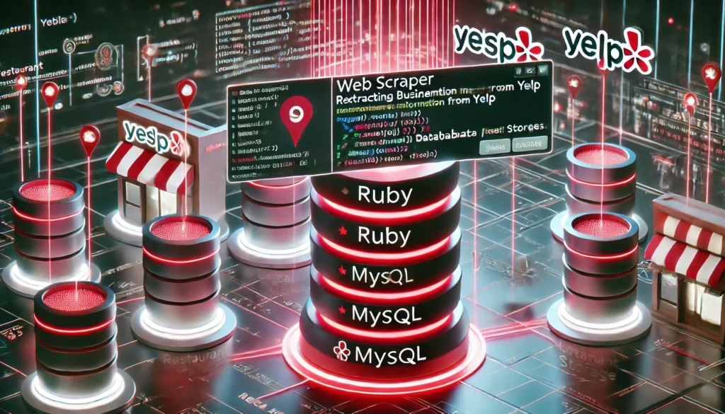 web scraper extracting business information from Yelp using Ruby and MySQL. A high-tech display showcases Ruby