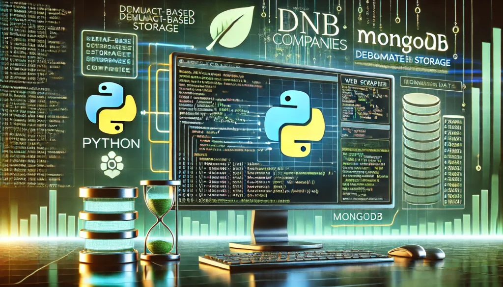 web scraper extracting company data from the DNB Companies website using Python and MongoDB. A sleek screen displays