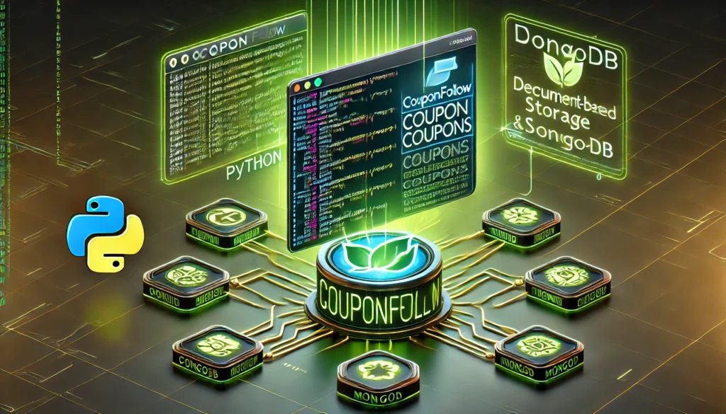 web scraper extracting coupon listings from CouponFollow using Python and MongoDB. A high-tech display showcase