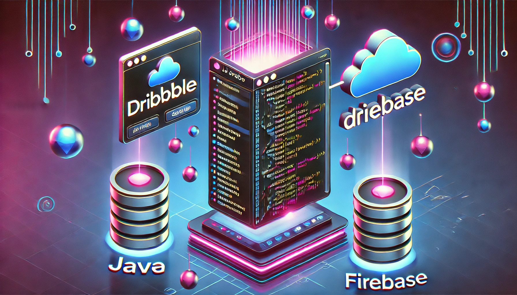 web scraper extracting designer data from Dribbble using Java and Firebase. A futuristic display shows Java code re
