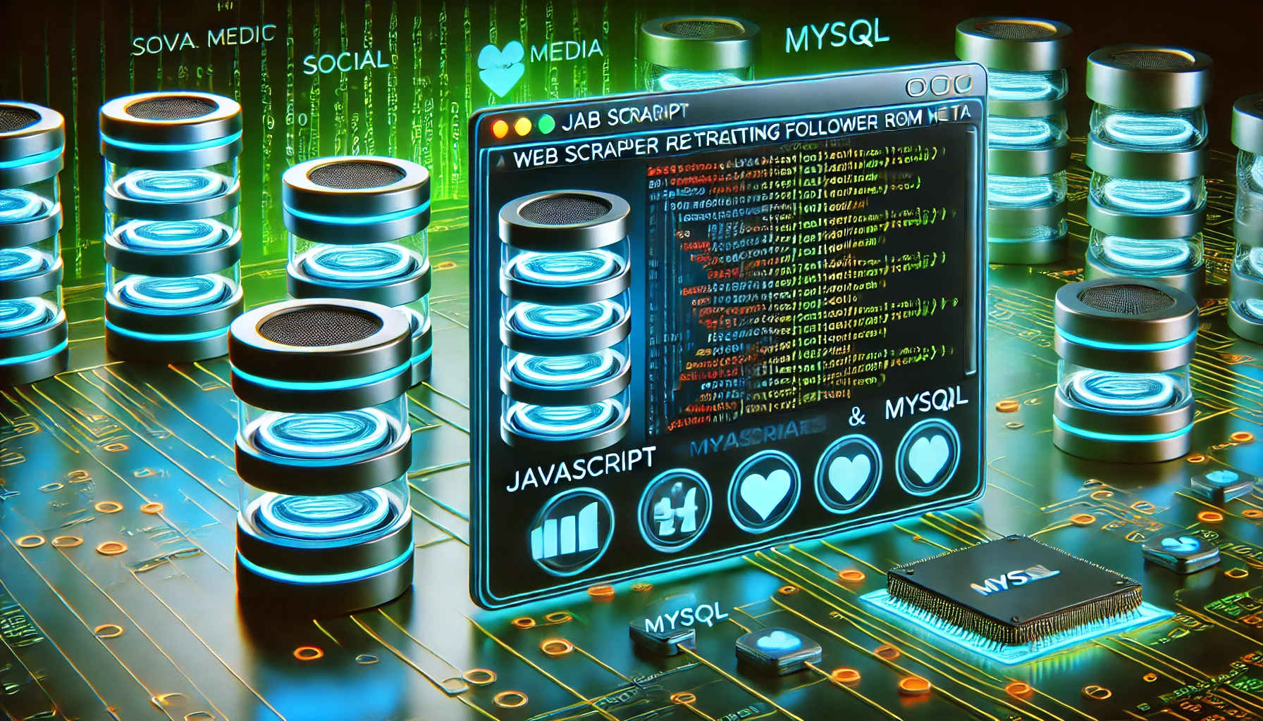 web scraper extracting follower data from Medium using JavaScript and MySQL. A futuristic screen displays Jav