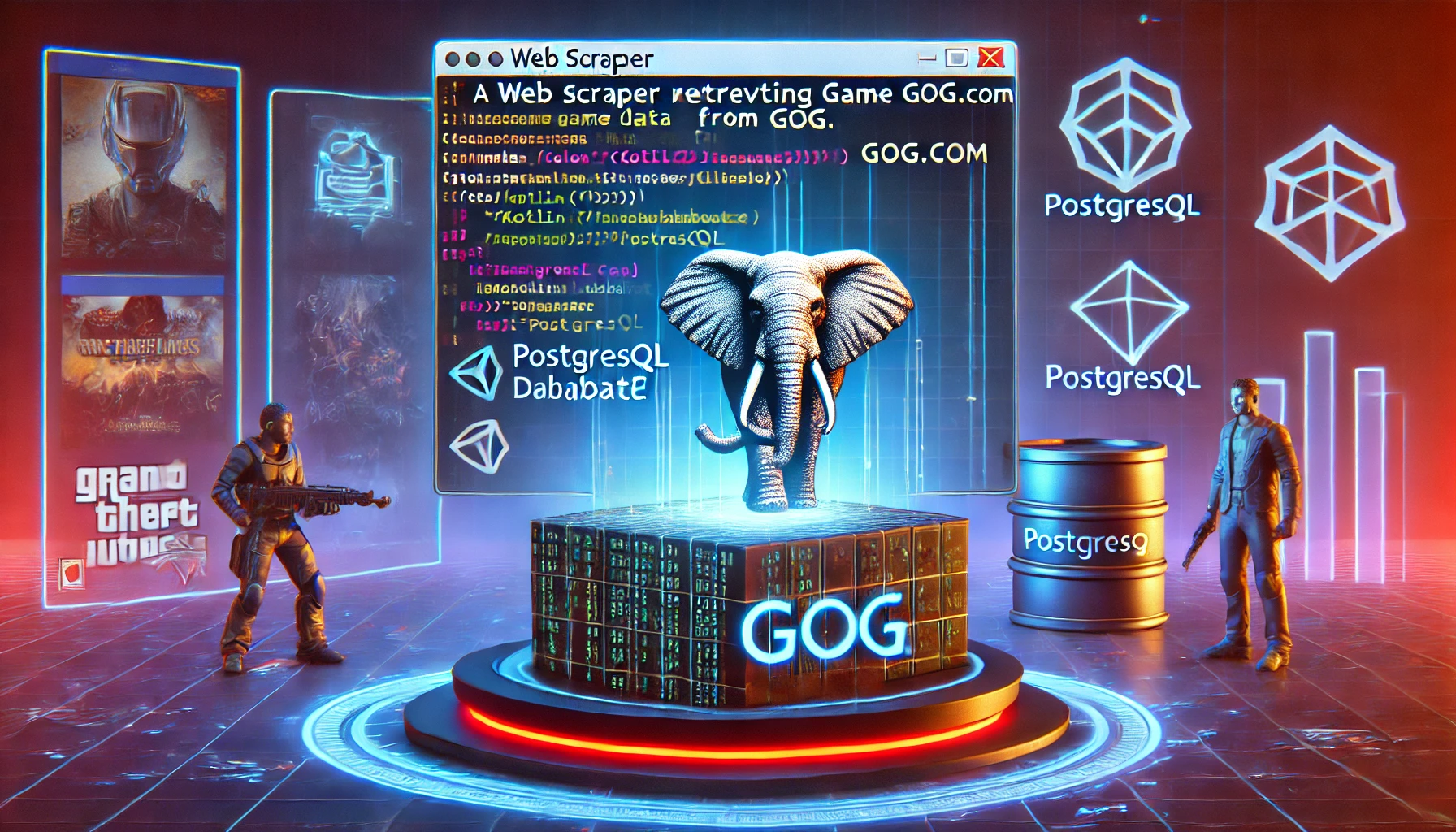 web scraper extracting game data from GOG.com using Kotlin and PostgreSQL. A high tech display showcases Kotlin