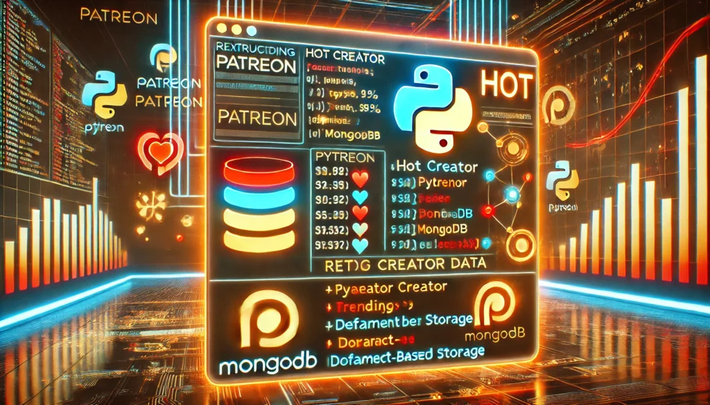 web scraper extracting hot creator data from Patreon using Python and MongoDB. A futuristic display showcases Py
