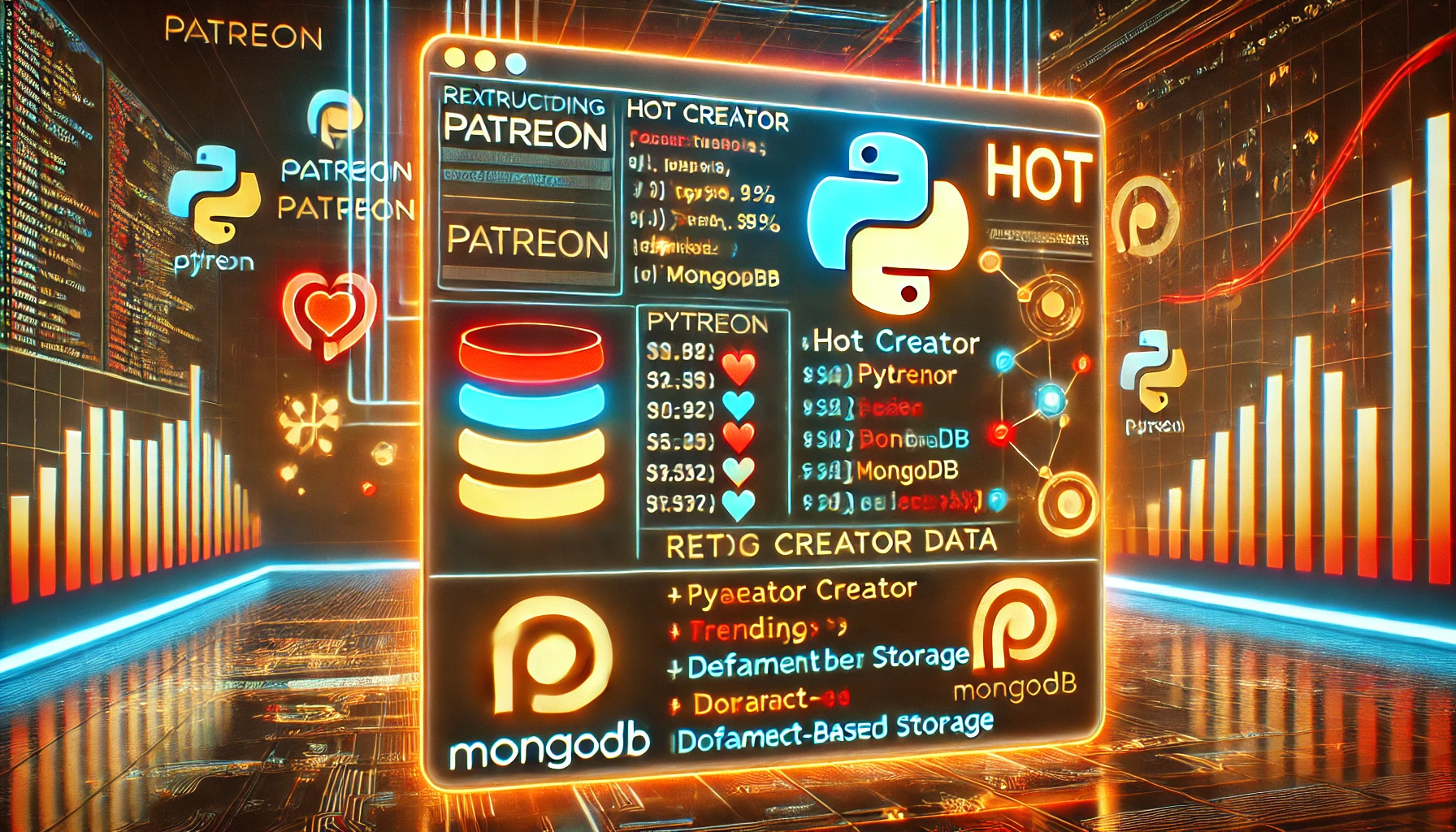 web scraper extracting hot creator data from Patreon using Python and MongoDB. A futuristic display showcases Py