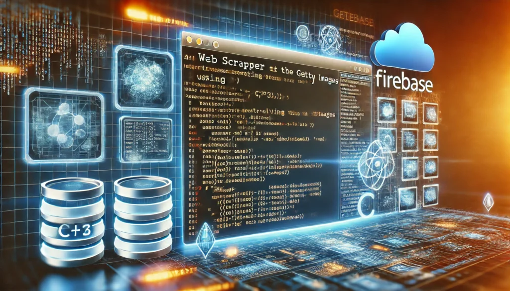 web scraper extracting images from the Getty Images website using C++ and Firebase. A futuristic screen showcase