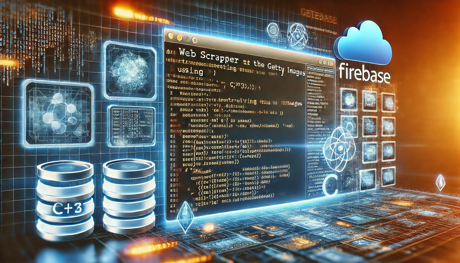 web scraper extracting images from the Getty Images website using C and Firebase. A futuristic screen showcase