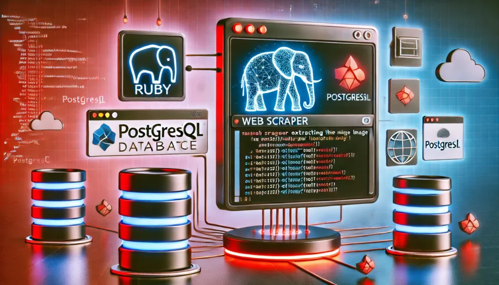 web scraper extracting images from the Getty Images website using Ruby and PostgreSQL. A modern screen displays