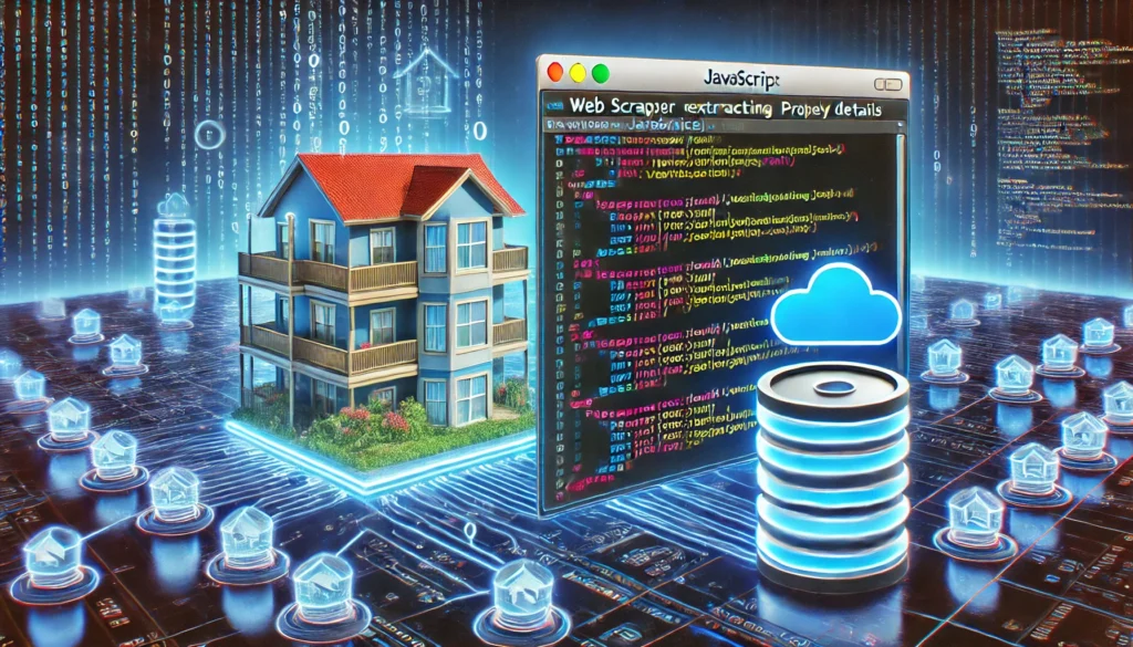 web scraper extracting property details from Vrbo.com using JavaScript and Firebase. A futuristic screen display